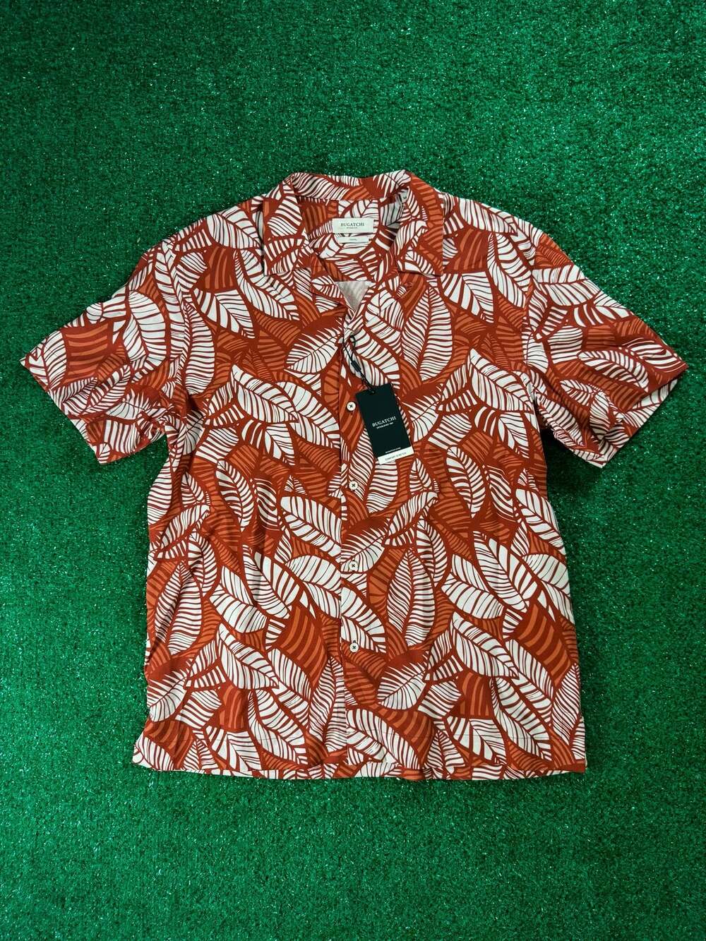 Bugatchi Papaya Leaf Print Short Sleeve Tencel Shirt Size M